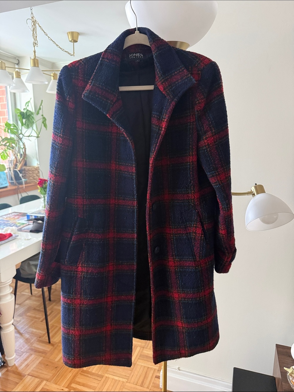 Jones New York Navy and Red Plaid Wool-Blend Pea Coat